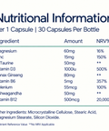 EvoHim nutritional information per capsule, 30 capsules per bottle