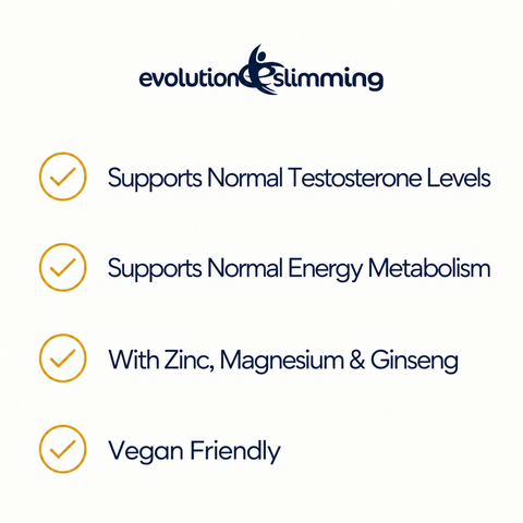 EvoHim checklist: zinc for normal testosterone levels, normal energy metabolism, zinc, magnesium and ginseng, vegan friendly
