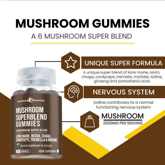 Mushroom Super Blend Gummies with Lion's Mane, Chaga, Cordyceps, Tremella, Maitake & Reishi Mushroom - Evolution Slimming