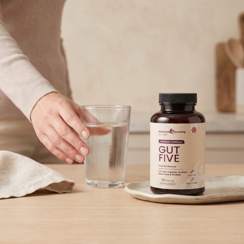 Gut Five vegan capsules in a morning wellness routine
