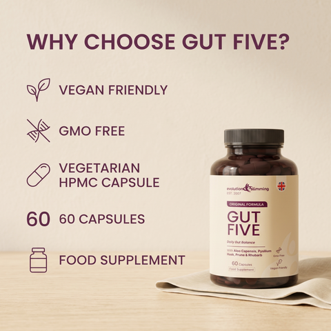 Gut Five product facts: vegan friendly, GMO free and 60 capsules