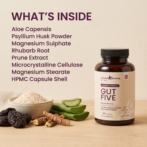 Gut Five ingredients including aloe capensis, psyllium husk, rhubarb and prune